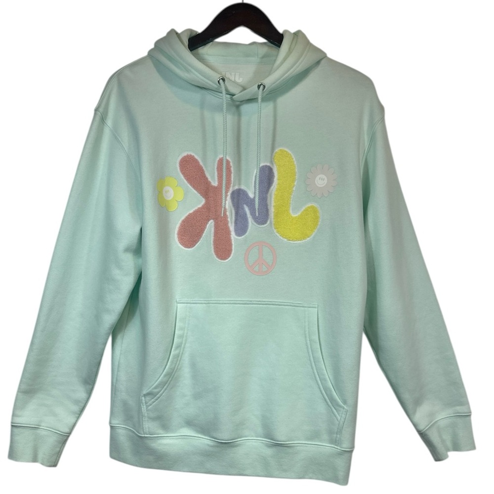 KNJ “Peace Out” Classic Pullover Hoodie in Light Green Fuzzy Letters Size Medium